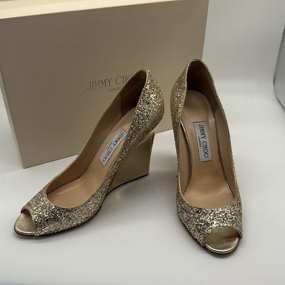 Jimmy  Choo Baxen Woven Metallic Peep Toe Wedge Heels Gold Glitter Size 38 - Picture 5 of 16
